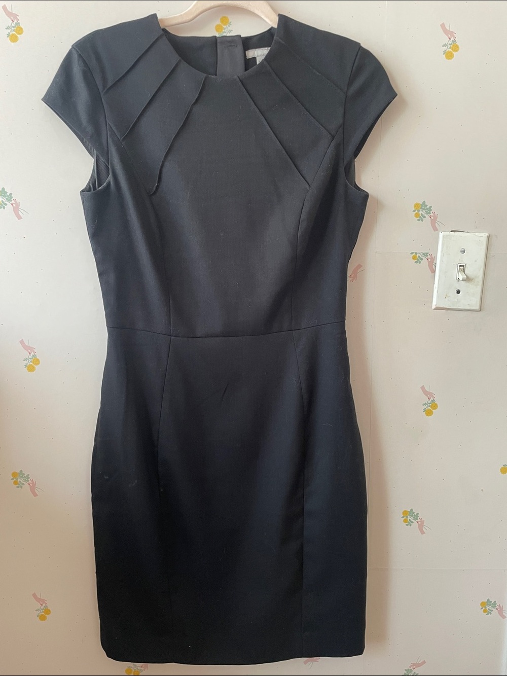 H&M Black Cap-Sleeve Pleated Yoke Midi Dress